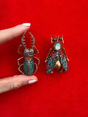 Gold-Tone Beetle and Moth Crystal Pin Set - Multicolor Accent